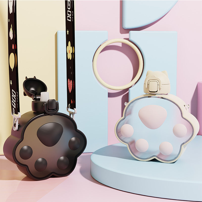 A Cute And Stylish Water Bottle Designed for Students, Featuring a Cat Claw Design, a Portable Straw, And a Convenient Strap