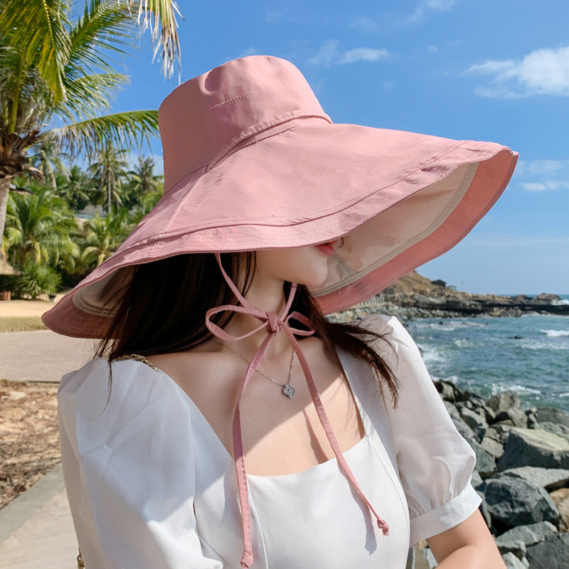 2026 New Summer Hat Women Wide Brim Hat Reversible Bucket Hat Large Size Beach Sunshade Cap Fashion Outdoor Travel