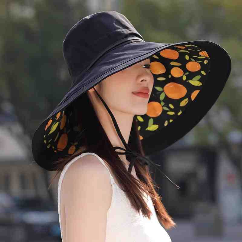 2026 New Trendy Reversible Wide Brim Sun Hat for Women, Cute Orange Fruit Print Summer Sun Hat, Foldable Portable Beach Hat with Windproof Chin Strap, Breathable Fabric for Full Face Sun Coverage, Ideal for Hiking, Gardening& Outdoor Activities