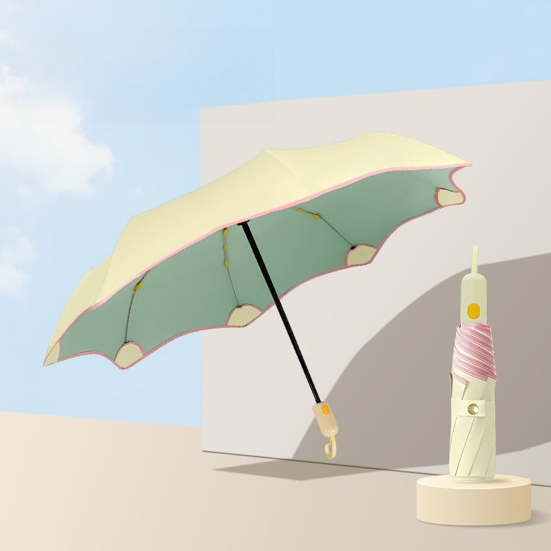 A Three-Fold Umbrella with New Rounded Edges, Automatic Storage, Sunshade, Color Adhesive, And Dual Functionality for Weather And Rain