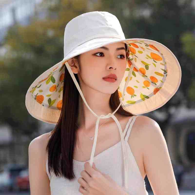 2026 New Trendy Reversible Wide Brim Sun Hat for Women, Cute Orange Fruit Print Summer Sun Hat, Foldable Portable Beach Hat with Windproof Chin Strap, Breathable Fabric for Full Face Sun Coverage, Ideal for Hiking, Gardening& Outdoor Activities