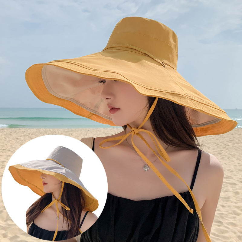 2026 New Summer Hat Women Wide Brim Hat Reversible Bucket Hat Large Size Beach Sunshade Cap Fashion Outdoor Travel