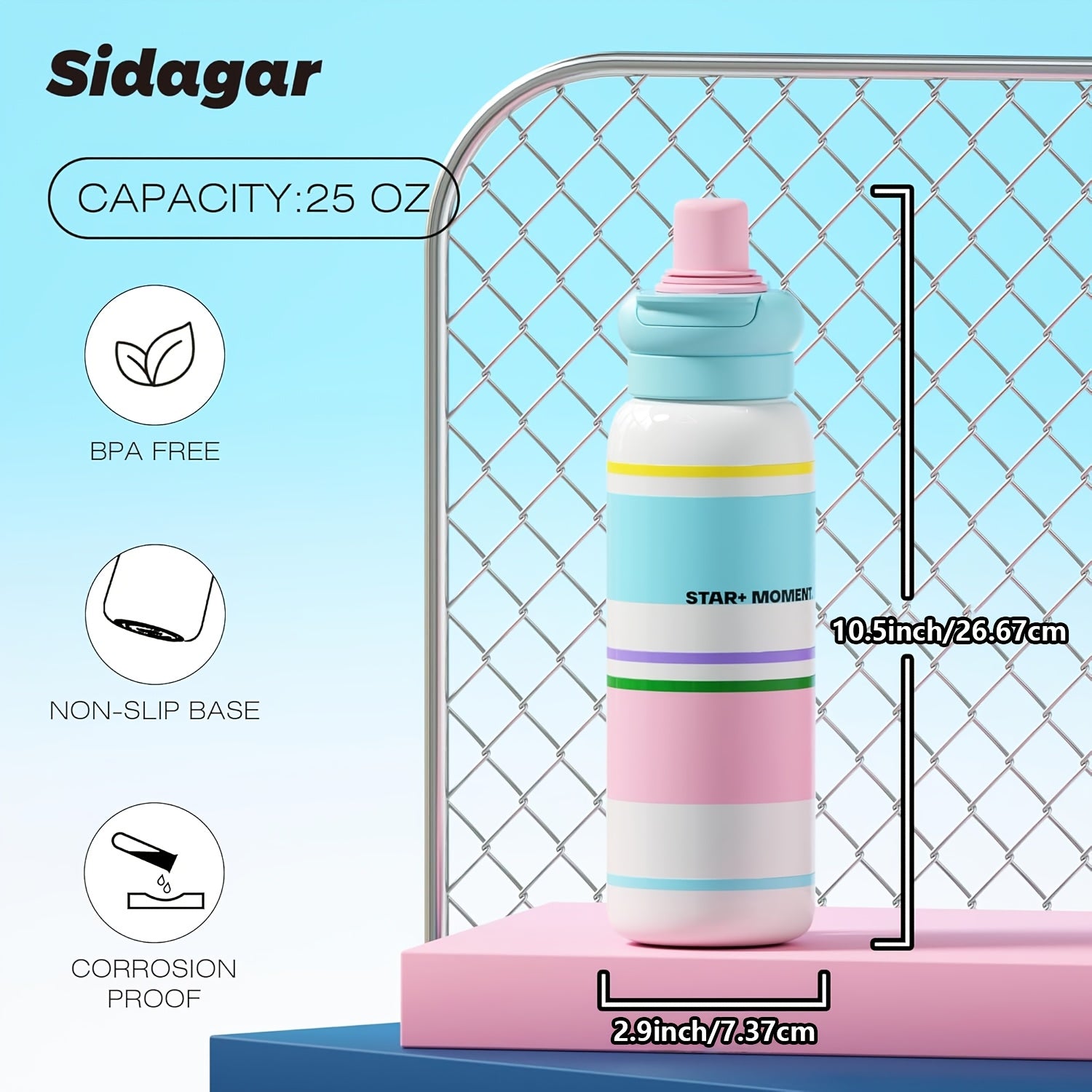 The Sidagar 25Oz Sports Water Bottle Is Made of 316 Stainless Steel And Features a Dual-Lid Design to Cater to Various Daily Requirements. It Comes in Eight Bright Colors, Inspired by Macarons