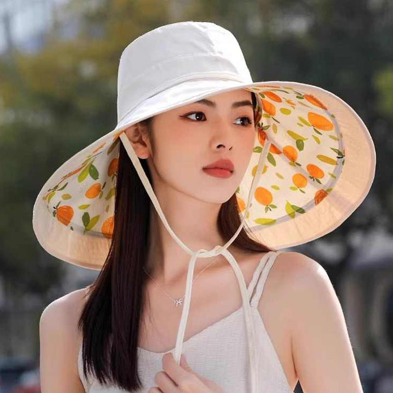 2026 New Trendy Reversible Wide Brim Sun Hat for Women, Cute Orange Fruit Print Summer Sun Hat, Foldable Portable Beach Hat with Windproof Chin Strap, Breathable Fabric for Full Face Sun Coverage, Ideal for Hiking, Gardening& Outdoor Activities