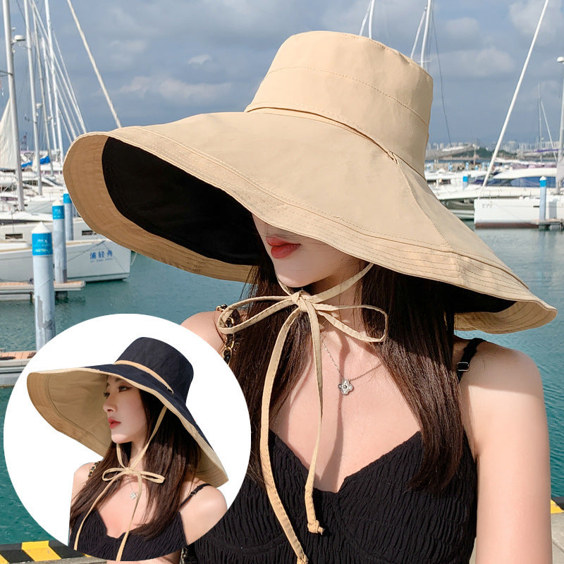 2026 New Summer Hat Women Wide Brim Hat Reversible Bucket Hat Large Size Beach Sunshade Cap Fashion Outdoor Travel