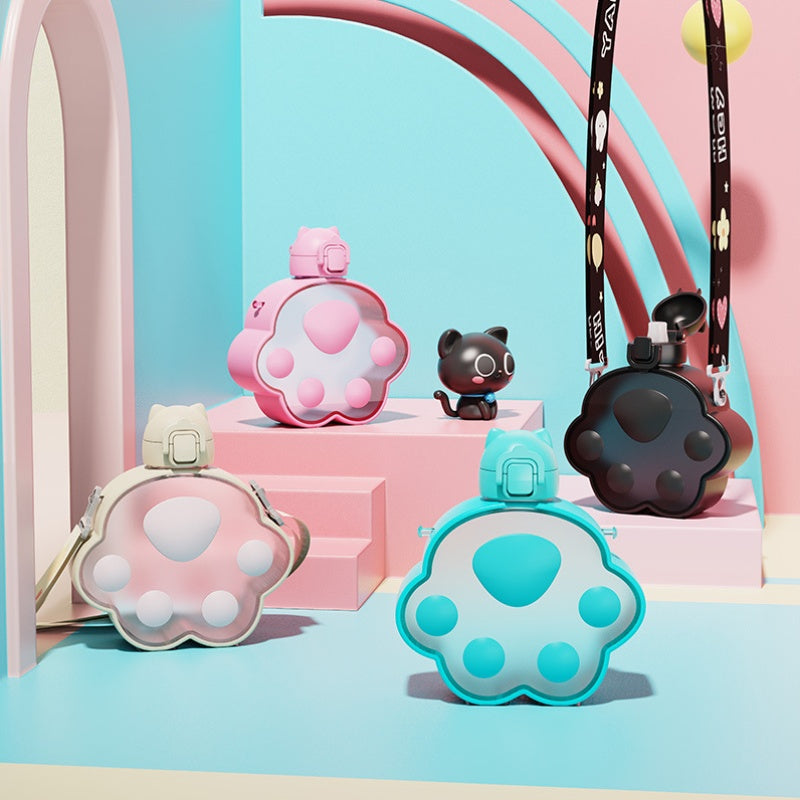 A Cute And Stylish Water Bottle Designed for Students, Featuring a Cat Claw Design, a Portable Straw, And a Convenient Strap