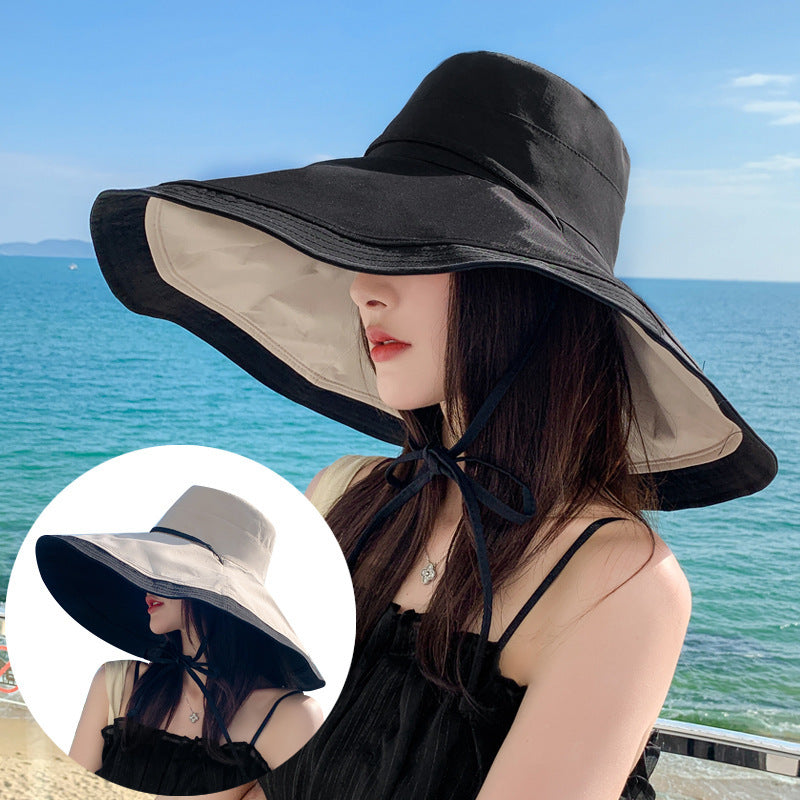 2026 New Summer Hat Women Wide Brim Hat Reversible Bucket Hat Large Size Beach Sunshade Cap Fashion Outdoor Travel
