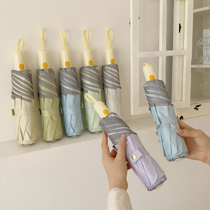 A Three-Fold Umbrella with New Rounded Edges, Automatic Storage, Sunshade, Color Adhesive, And Dual Functionality for Weather And Rain