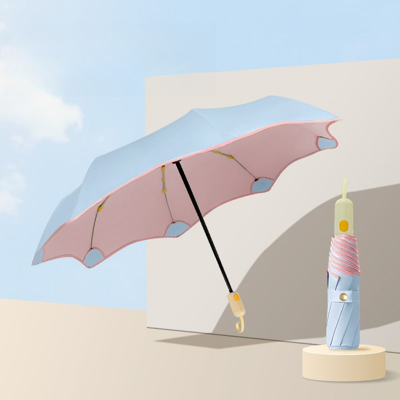 A Three-Fold Umbrella with New Rounded Edges, Automatic Storage, Sunshade, Color Adhesive, And Dual Functionality for Weather And Rain