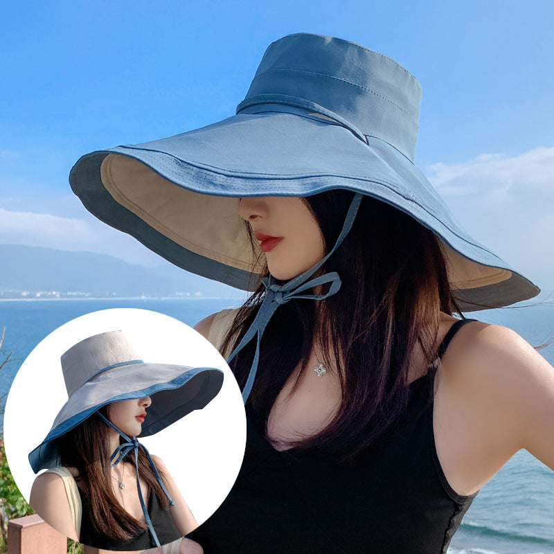 2026 New Summer Hat Women Wide Brim Hat Reversible Bucket Hat Large Size Beach Sunshade Cap Fashion Outdoor Travel