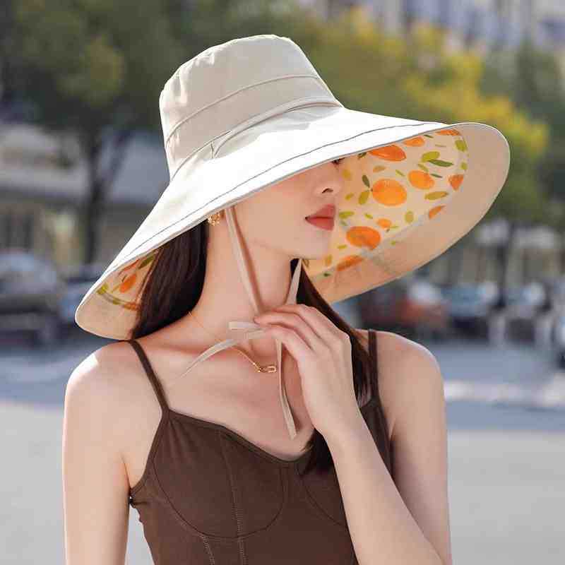 2026 New Trendy Reversible Wide Brim Sun Hat for Women, Cute Orange Fruit Print Summer Sun Hat, Foldable Portable Beach Hat with Windproof Chin Strap, Breathable Fabric for Full Face Sun Coverage, Ideal for Hiking, Gardening& Outdoor Activities