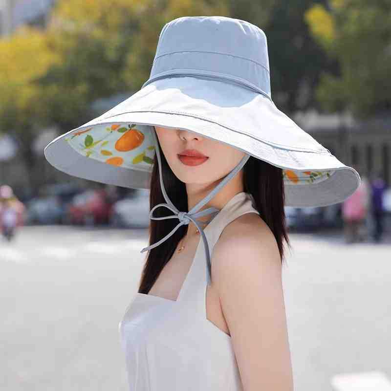 2026 New Trendy Reversible Wide Brim Sun Hat for Women, Cute Orange Fruit Print Summer Sun Hat, Foldable Portable Beach Hat with Windproof Chin Strap, Breathable Fabric for Full Face Sun Coverage, Ideal for Hiking, Gardening& Outdoor Activities