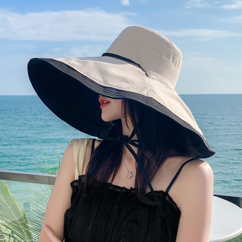 2026 New Summer Hat Women Wide Brim Hat Reversible Bucket Hat Large Size Beach Sunshade Cap Fashion Outdoor Travel