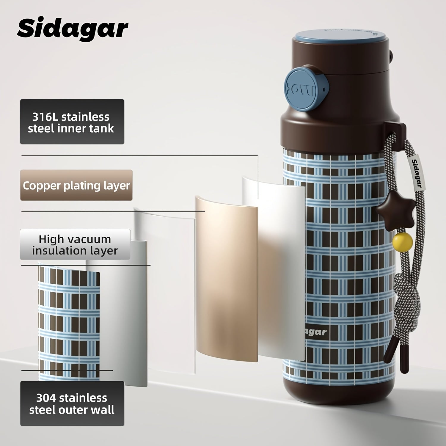 Sidagar 18-Ounce Stainless Steel Insulated Cup, Portable Sports Water Bottle, Car Water Cup, Suitable for Outdoor Travel, Leak-Proof Lock Design with a Lanyard for Easy Carrying, Ideal for Both Men And Women for Fitness, Commuting, And Business