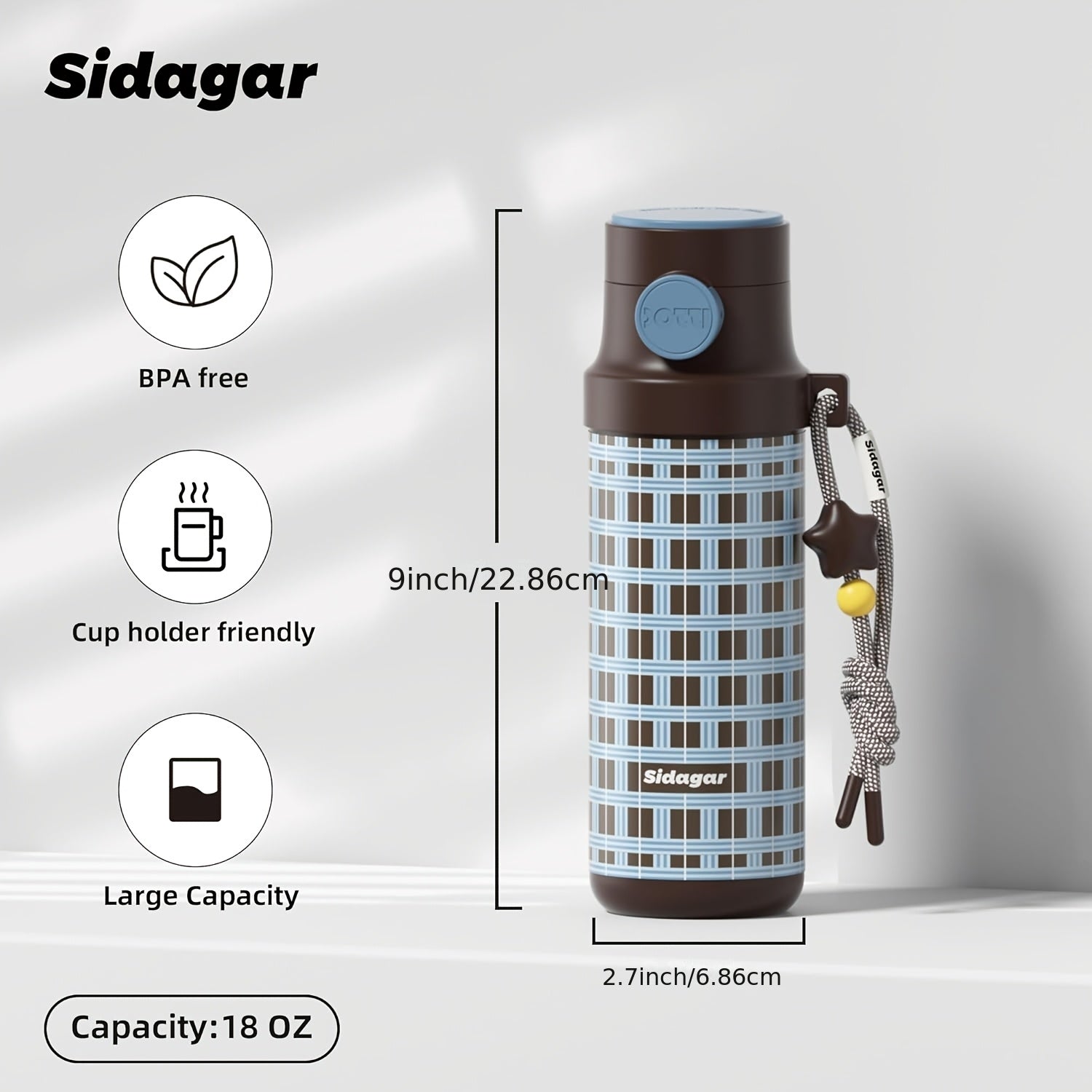 Sidagar 18-Ounce Stainless Steel Insulated Cup, Portable Sports Water Bottle, Car Water Cup, Suitable for Outdoor Travel, Leak-Proof Lock Design with a Lanyard for Easy Carrying, Ideal for Both Men And Women for Fitness, Commuting, And Business